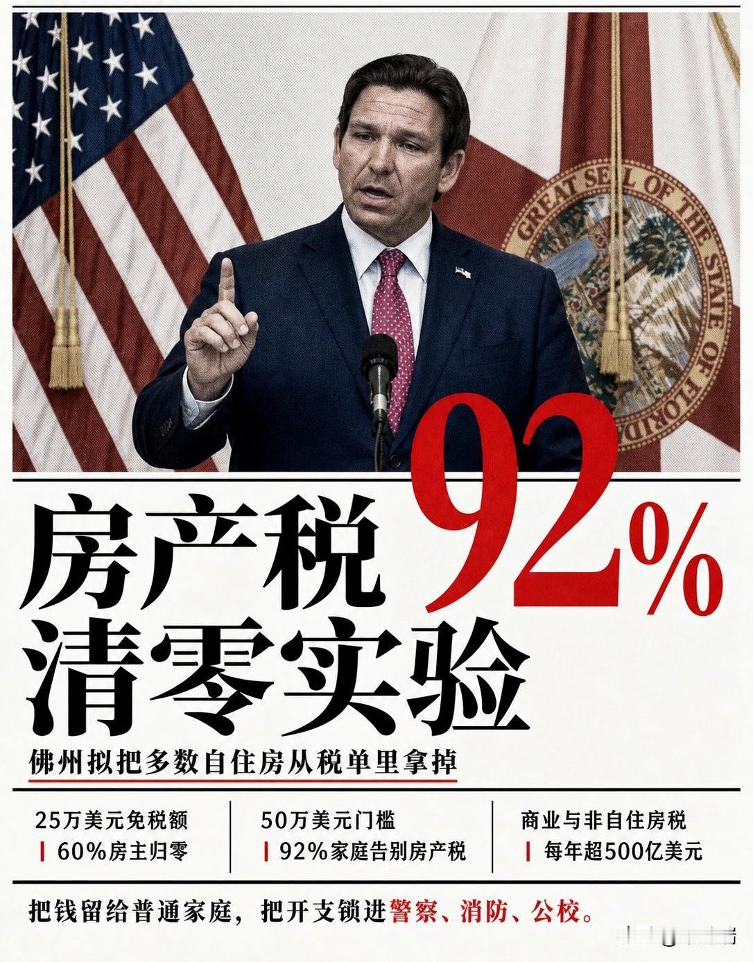 佛罗里达州准备把92%居民的房产税直接清零。这是州长德桑蒂斯推上今年1