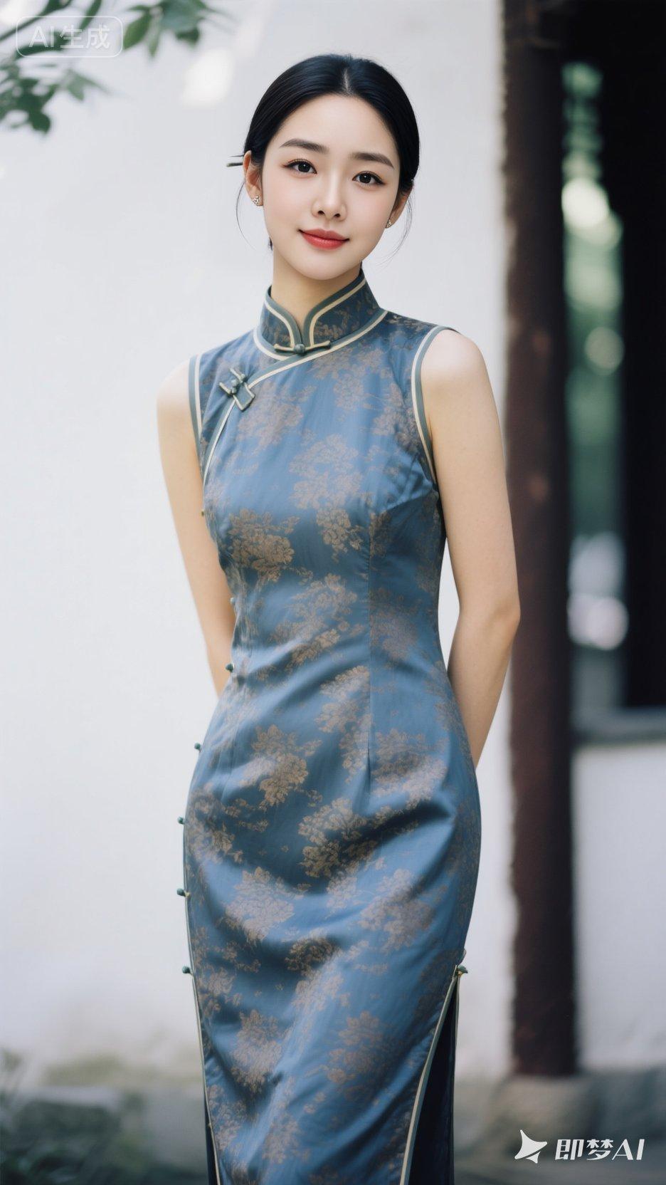 20岁，人美，发育完美，个子高，古典旗袍，高清蓝光，高级高贵，优雅，自信，微笑，