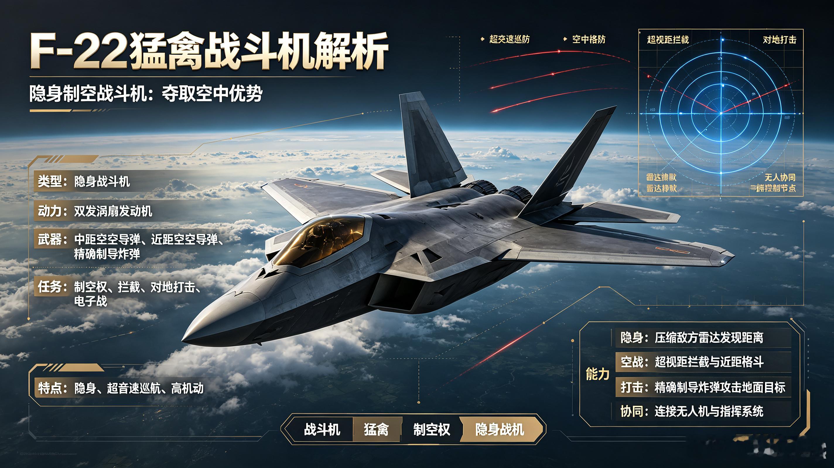 F-22猛禽，美军隐身制空战斗机。隐身外形、内置弹舱、双发发动机和先进航电结合，