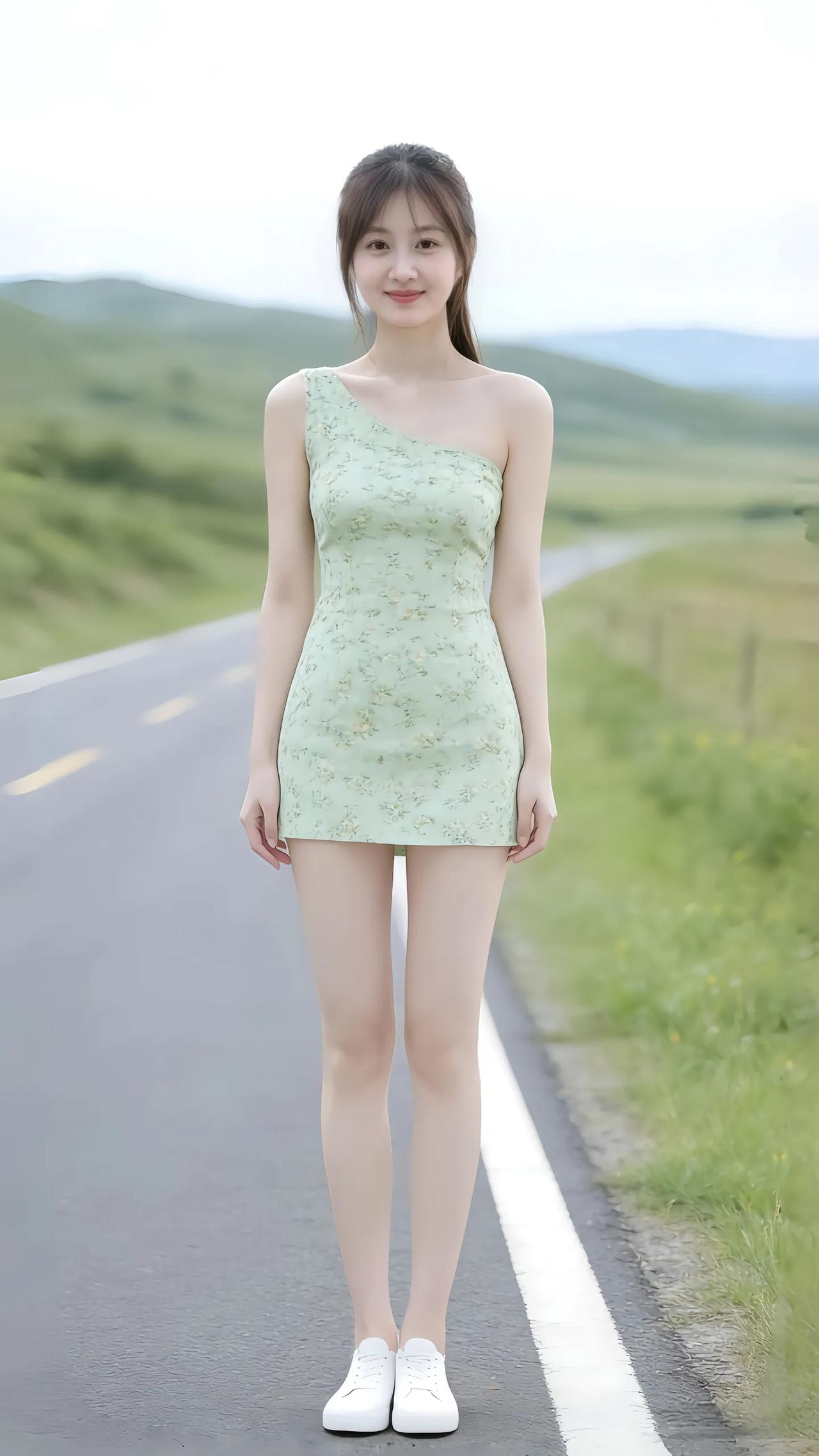 夏日清新穿搭，绿意盎然的小裙子，搭配白色运动鞋，元气满满！🌿👗👟