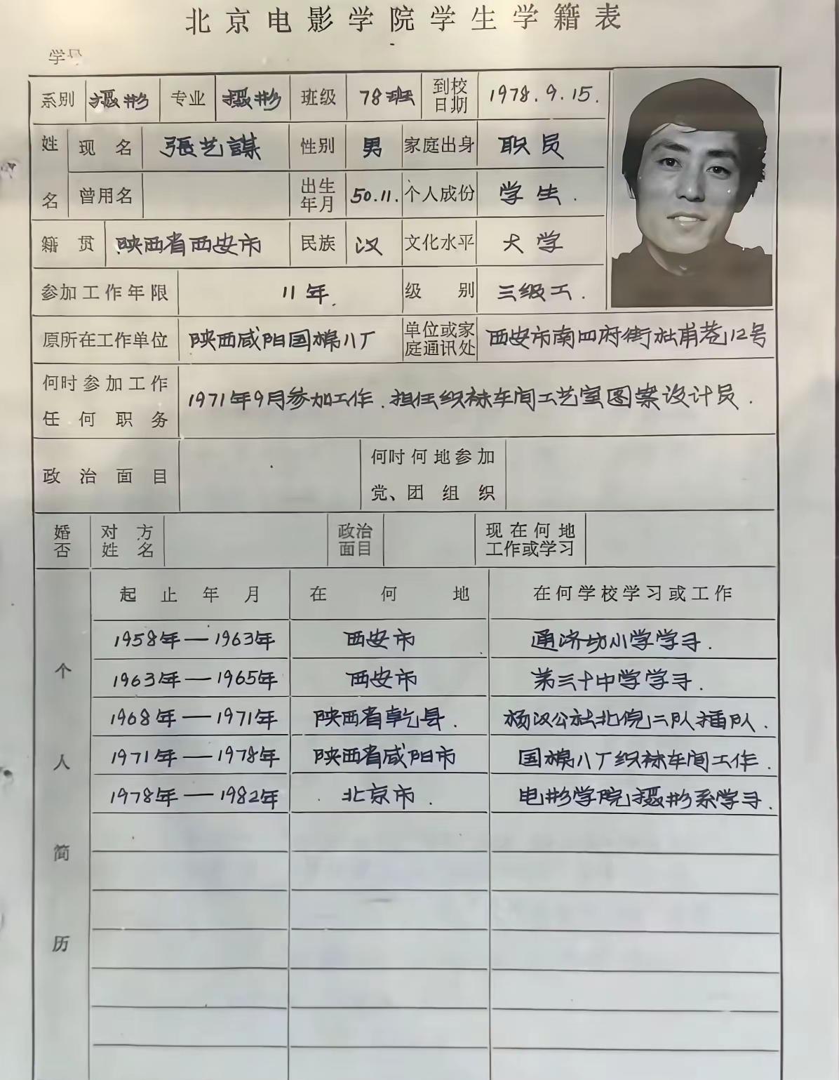 张艺谋的学籍卡，学历是78年的本科生，含金量没的说，这个字也是工工整整，超越大部