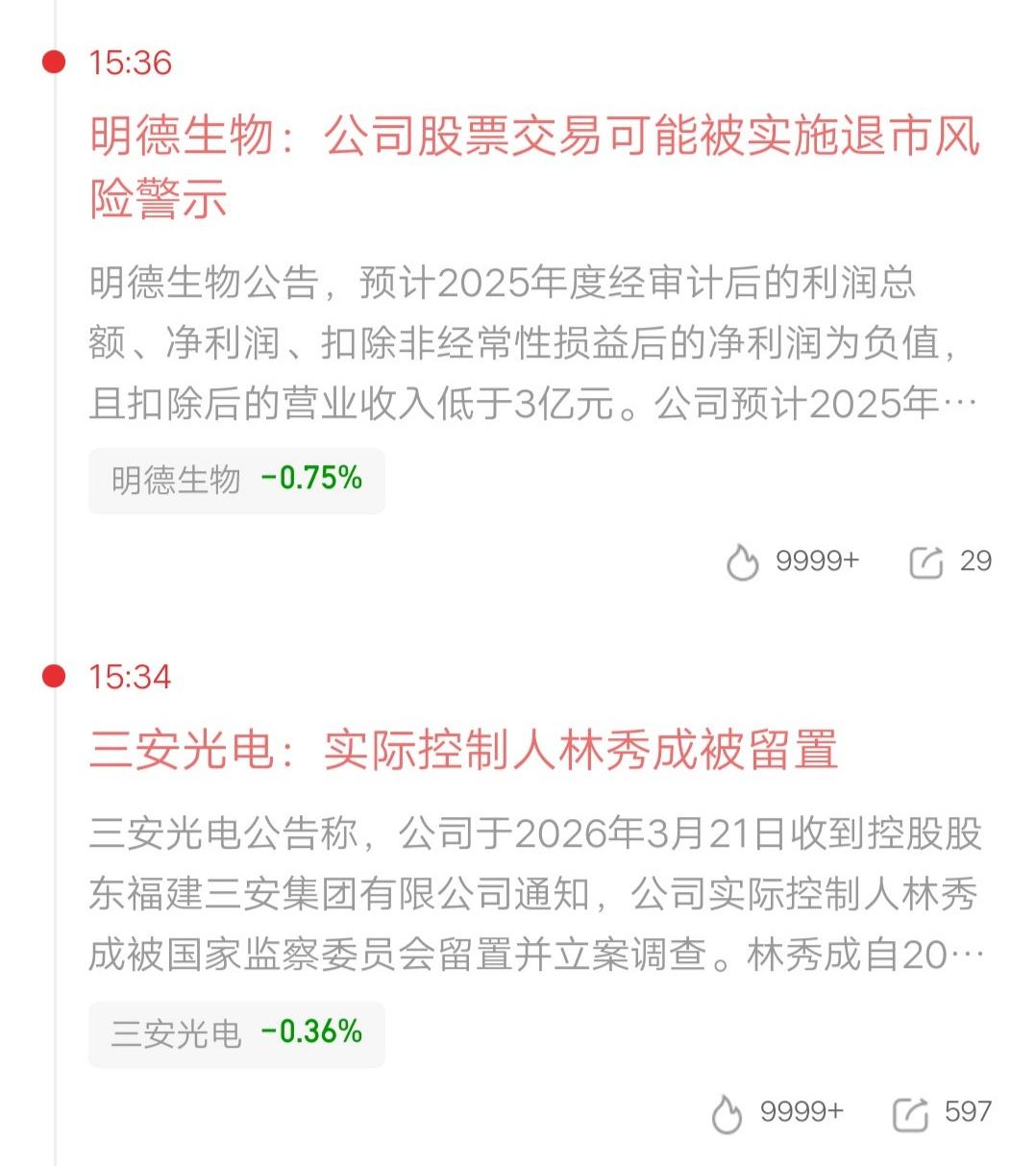 A股周末暴雷的两只股票，一个退市风险警示，一个实控人被留置，都是核弹级利空呀。4