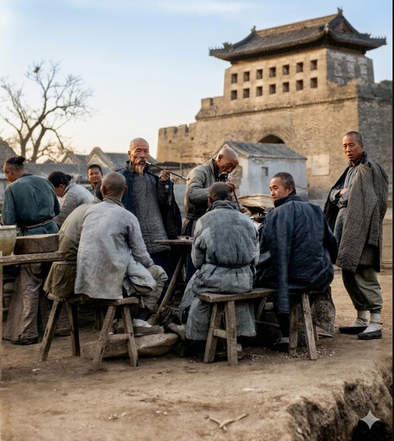 1920年，北京永定门城楼之下，巍峨厚重的砖石箭楼矗立在身后，青砖古墙衬着枯树，