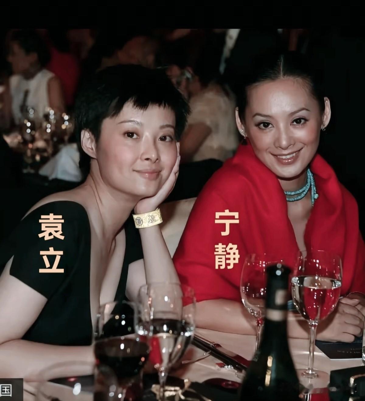 左边袁立，一身黑裙配利落短发，手托腮帮子，腕间金镯亮眼，松弛又随性，像一杯不加冰