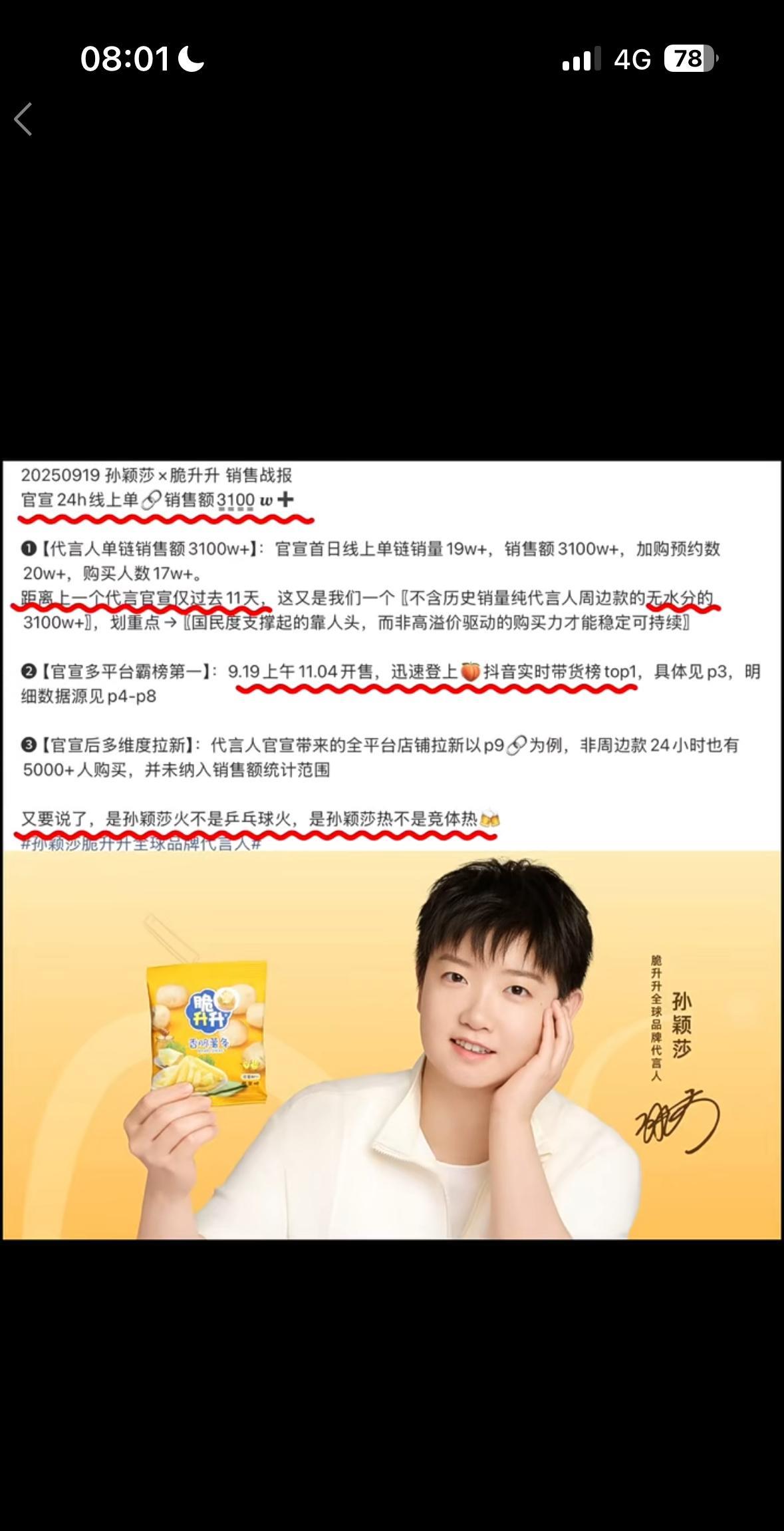 孙颖莎官宣卖零食，销售额都这么突出，客单价并不高，但是谁让代言人是孙颖莎，粉丝自