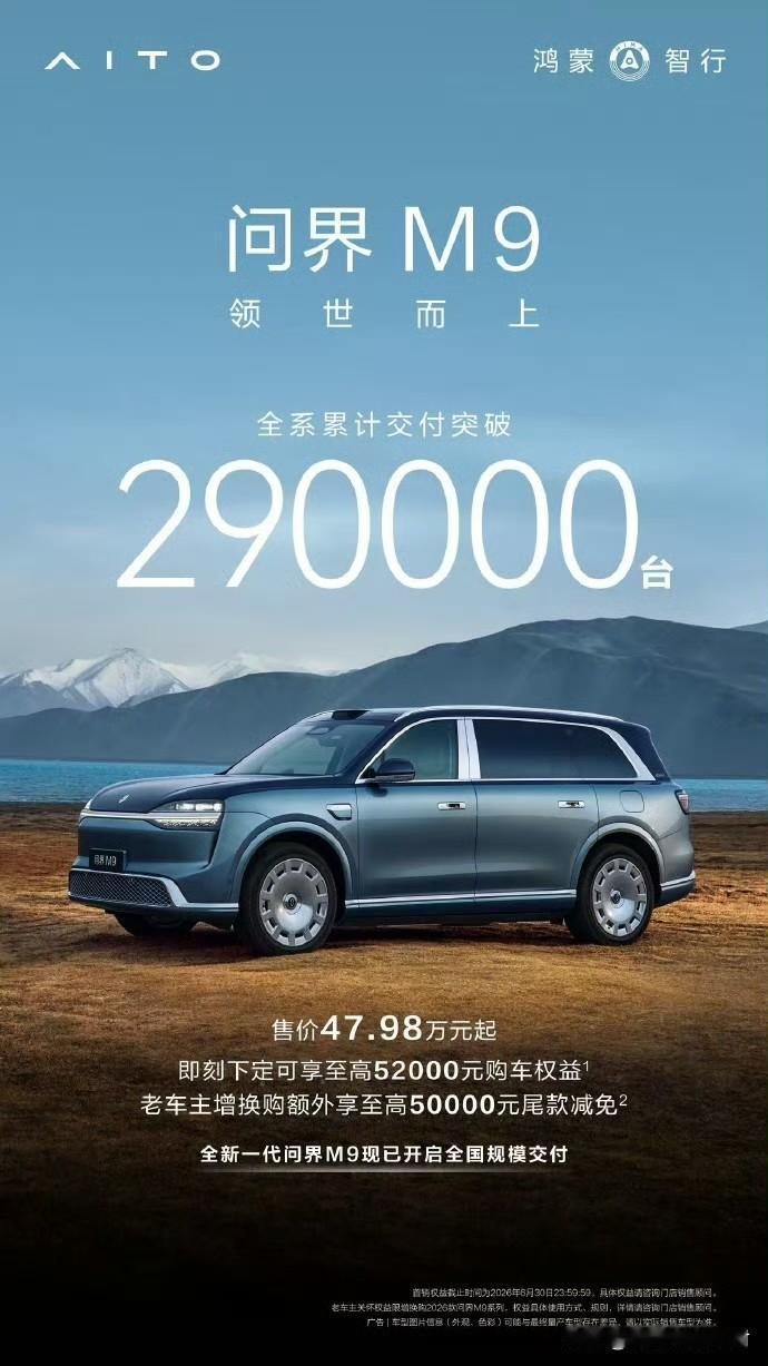 问界M9全系累计交付已超290000台。更重要的是：全新一代问界M9终于开