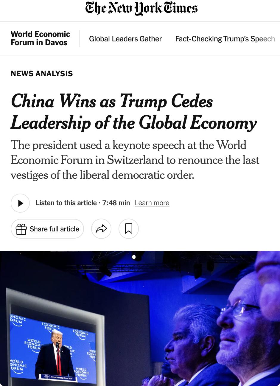 美媒：中国获胜，特朗普放弃全球经济领导权特朗普在达沃斯世界经济论坛演讲中宣布