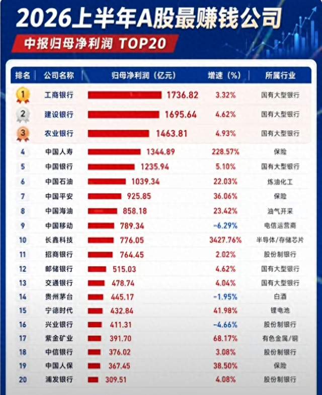 谁是A股赚钱之王? 一张TOP20榜单, 看懂A股盈利格局, 银行很稳