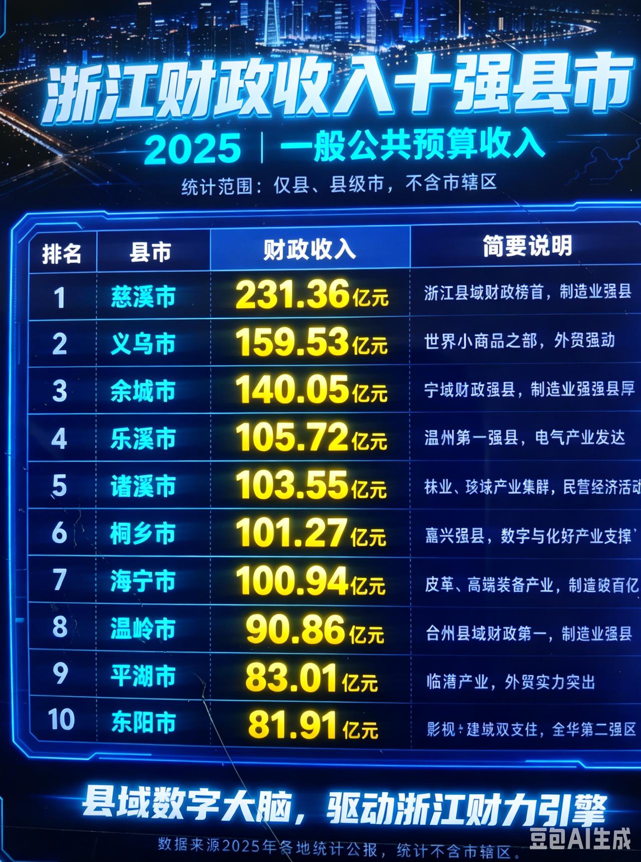 2025浙江县域财政十强出炉，慈溪市以231.36亿遥遥领先，稳居浙江县域第一，