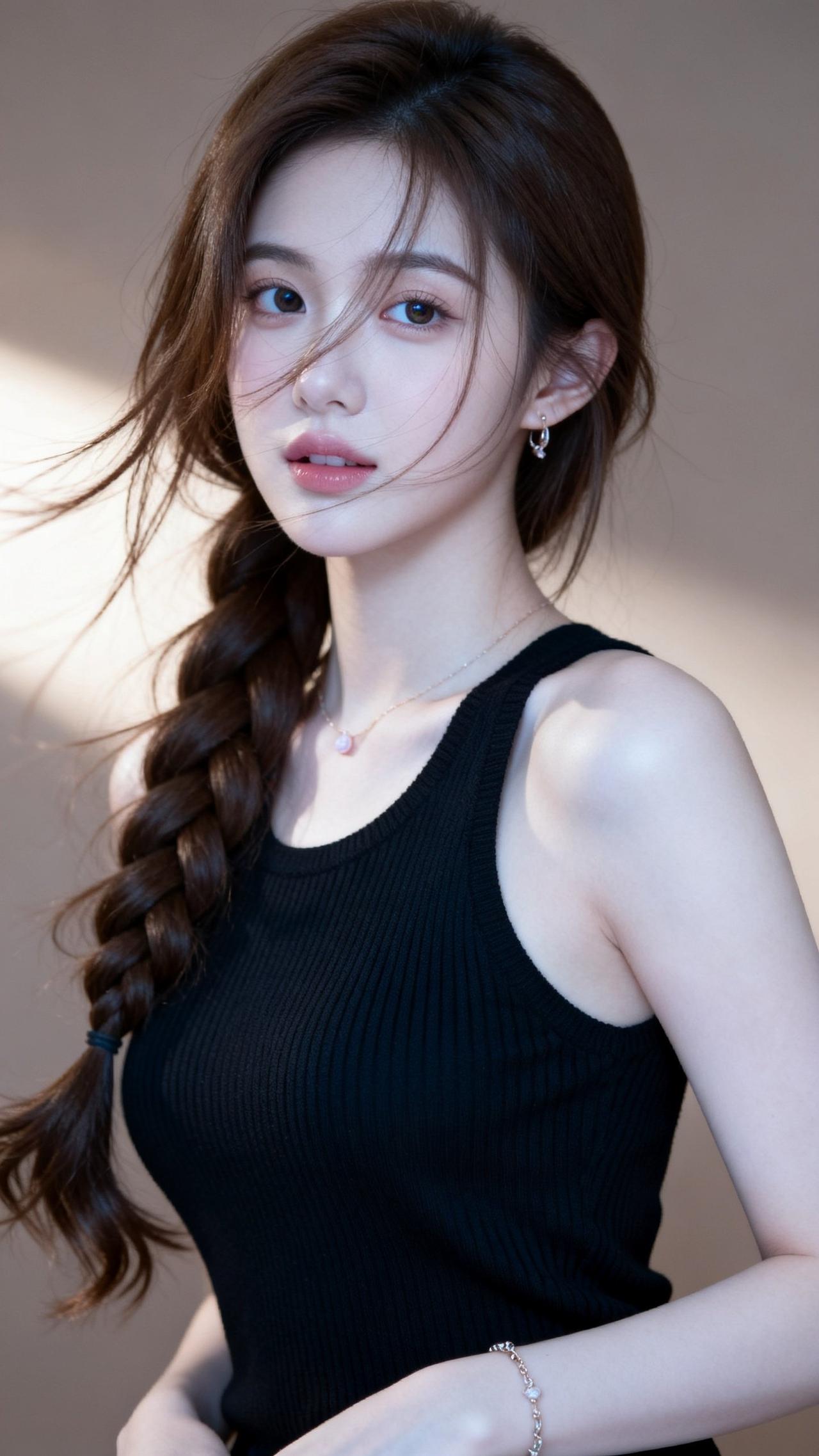 甜美少女风，黑色吊带裙，优雅发辫，温柔迷人。