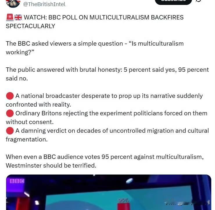 BBC关于多元文化的民调彻底翻车了BBC向观众抛出一个简单问题：“多元文化主