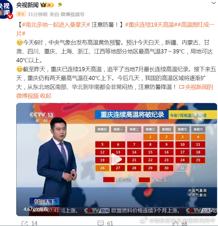 重庆连续19天高温截至昨天，重庆已连续19天高温，追平了当地7月最长连续高温纪录