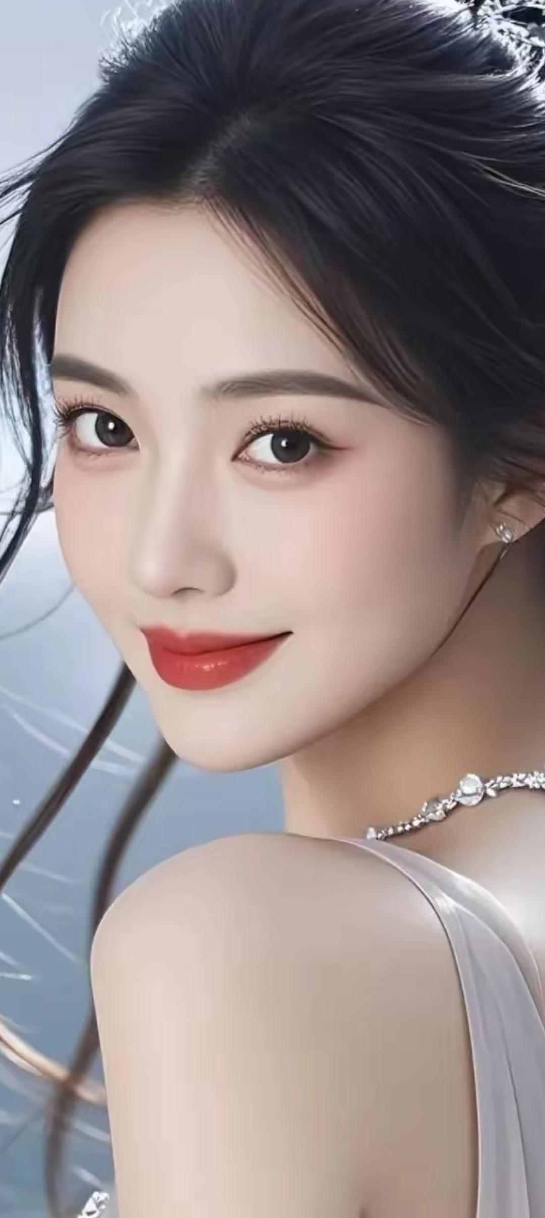 梦幻仙境中的优雅女神，红唇与珍珠项链相映成辉。