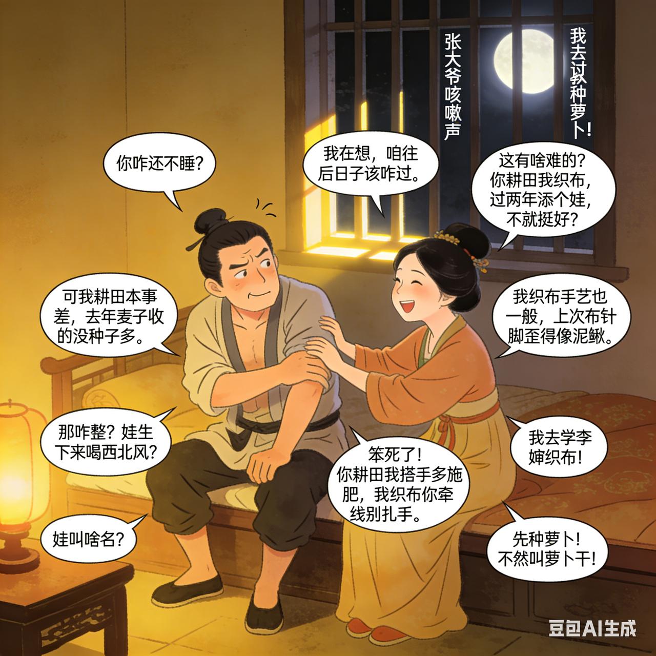 古代夫妻搞笑段子有对夫妻刚成亲不久，夜里丈夫翻来覆去睡不着，妻子问：“你咋还