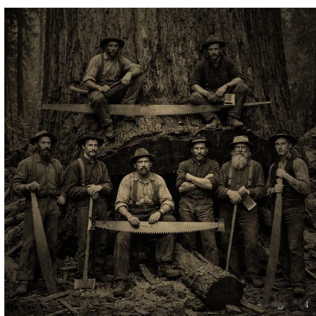 这张照片展示了20世纪初美国伐木工人在巨大树木前合影的经典历史场景。这类照片
