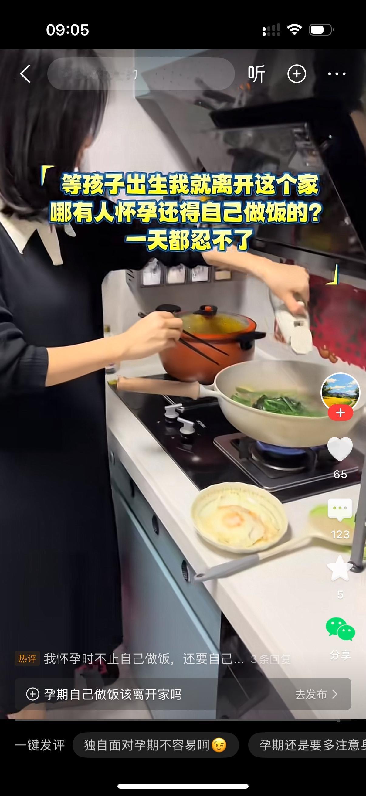 怀孕的女人一边做饭一边流泪。她百思不解，为啥怀孕了还要自己做饭吃？她一天都忍不了