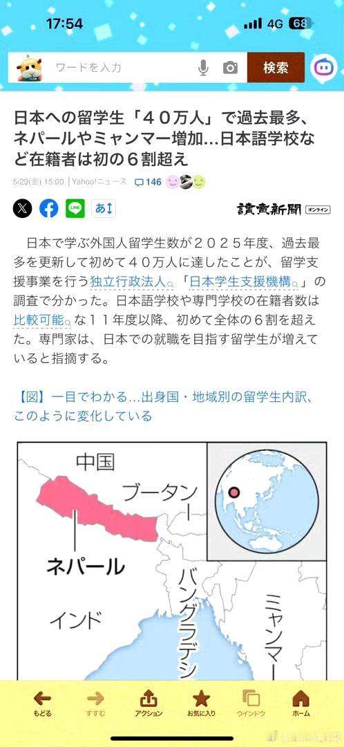 据日本学生支援机构统计，到日本留学的人数首次突破40万人，其中6成是语言学校在读
