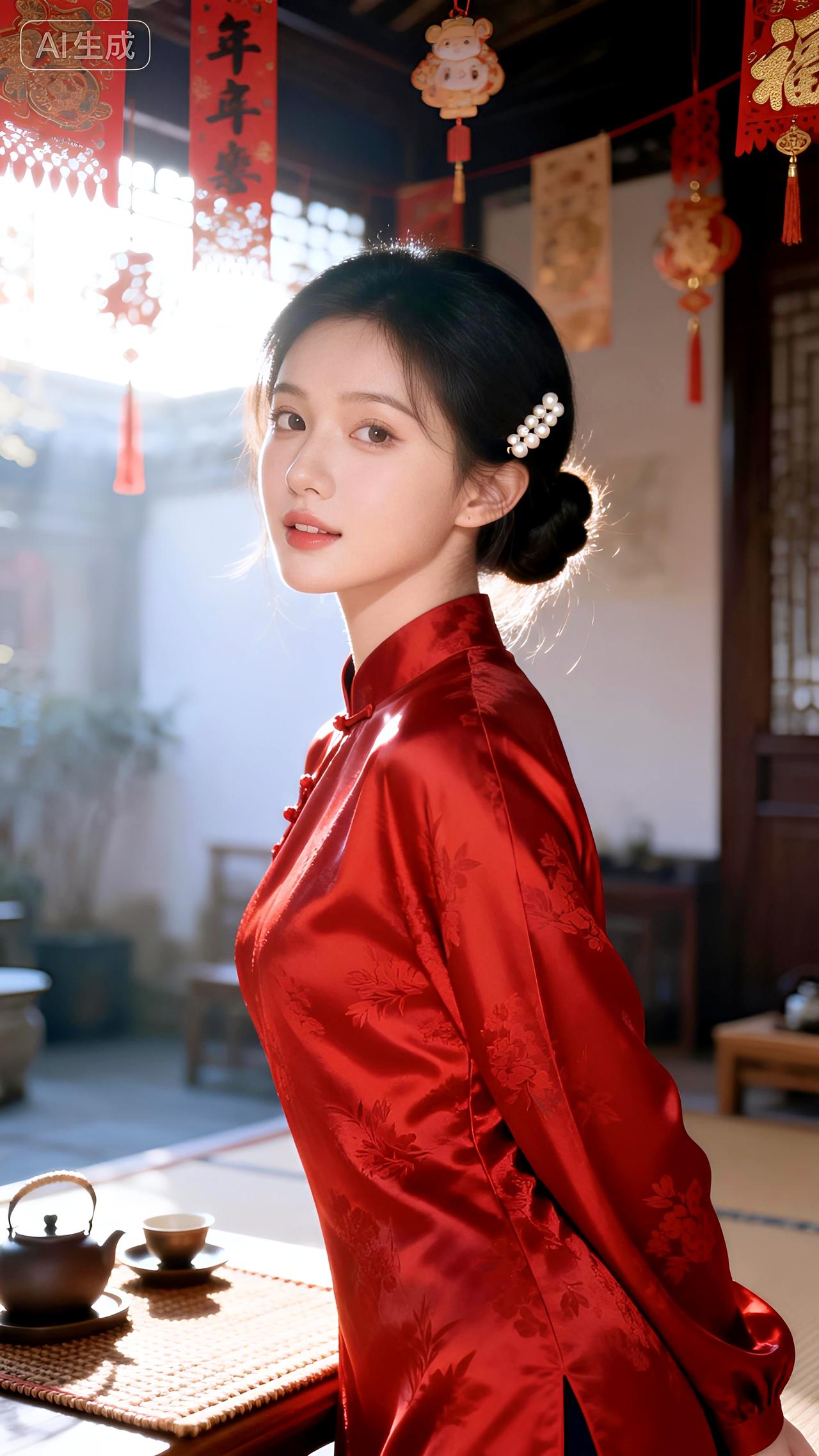 集卡领红包茶香氤氲锦鲤游，一袭红衫衬静好，在传统雅致中，沉淀新年温润时光。豆包