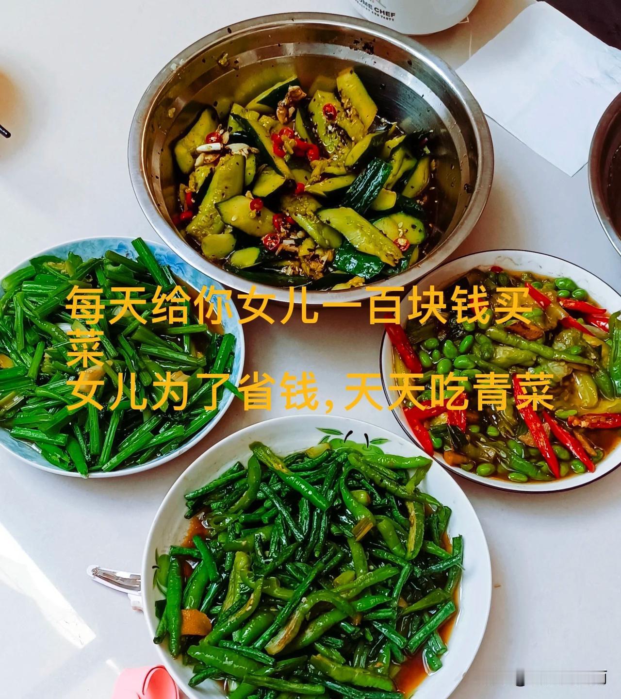 每天给一百块钱买菜，结果就是天天吃素菜。给放假待家的女儿每天一百钱买菜。这家