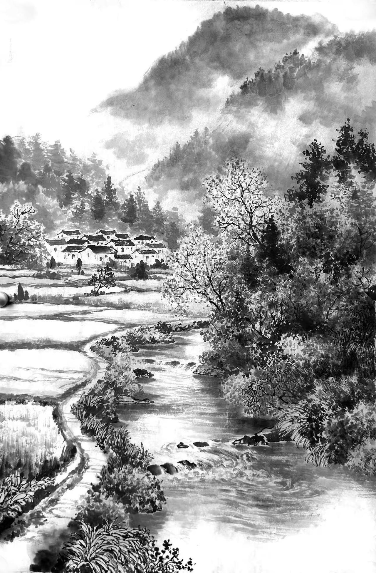 水墨家园。水墨山水意境山水画创作者中心创作灵感家乡水墨画