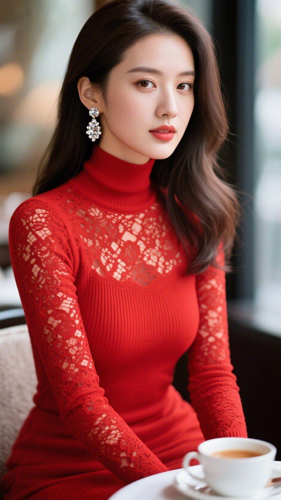 红韵入流年一袭红衫，揉碎了冬日的清寒。高领针织裹着妥帖的温柔，蕾丝纹路似揉