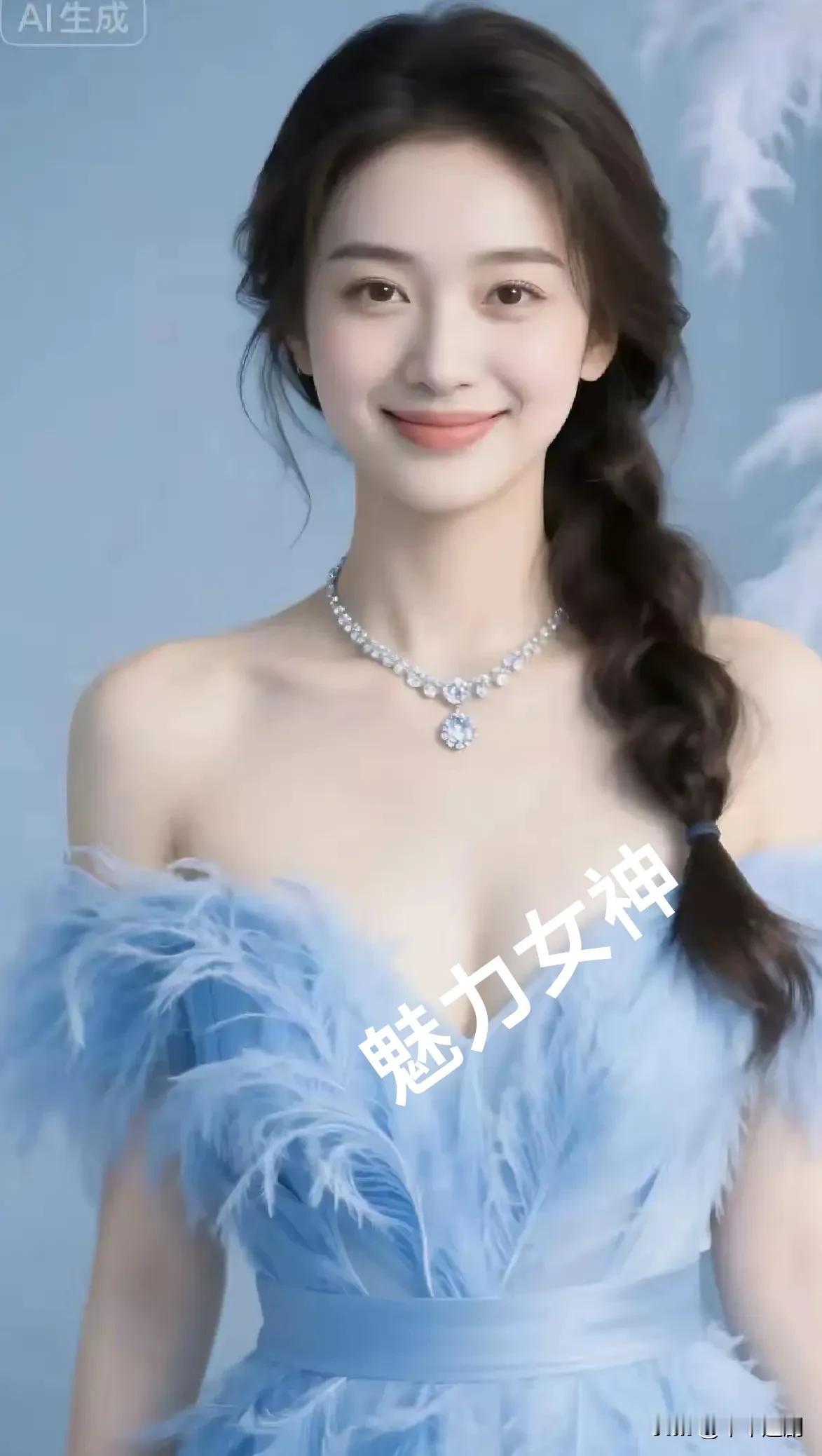 雾蓝裙摆裹着柔羽，碎钻在颈间轻闪，编发垂落时，笑意漫成了浅空里最软的风。清蓝长