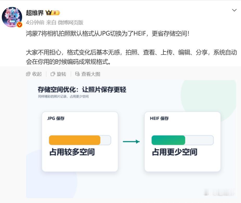 鸿蒙7开发者Beta官宣：相机默认拍照从JPG切HEIF，省空间但有个"但"H