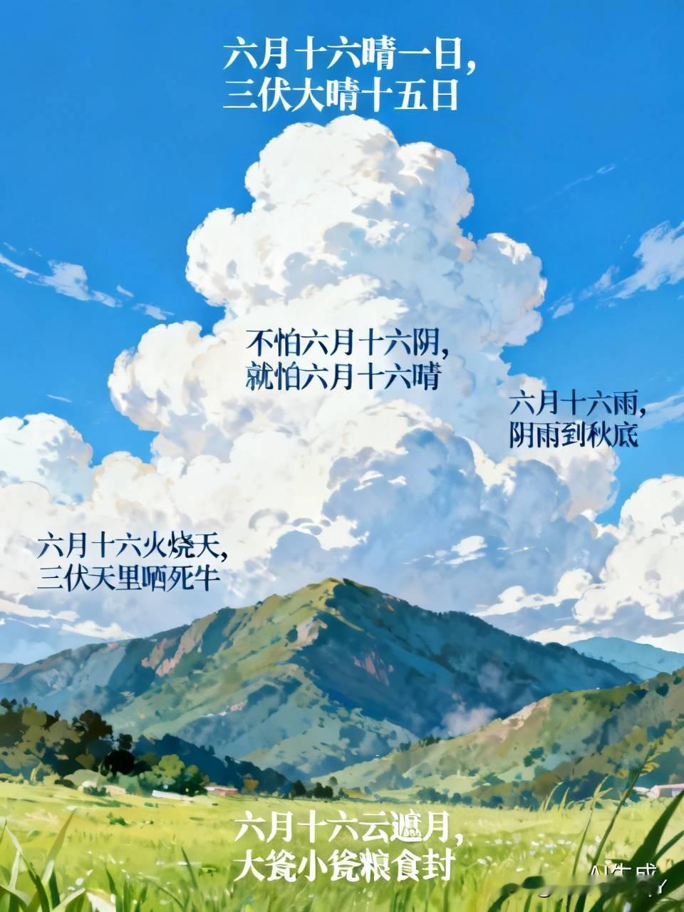 今天是六月十六民间俗语有1.不怕六月十六阴沉沉，就怕六月十六亮堂堂，这六月十