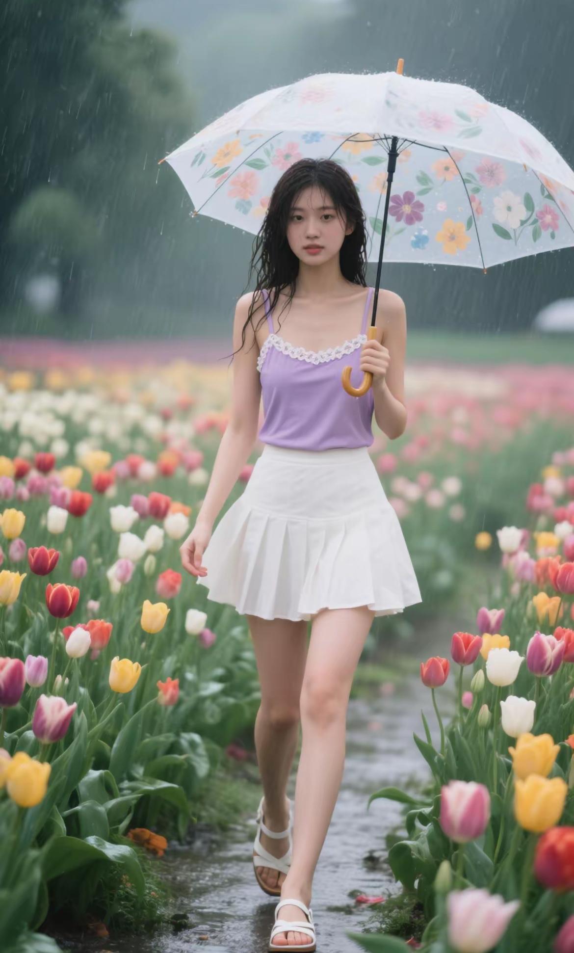 雨中漫步，撑伞漫步花海，感受雨滴的清凉与花香交织的浪漫。晴天下的花海春天雨中风