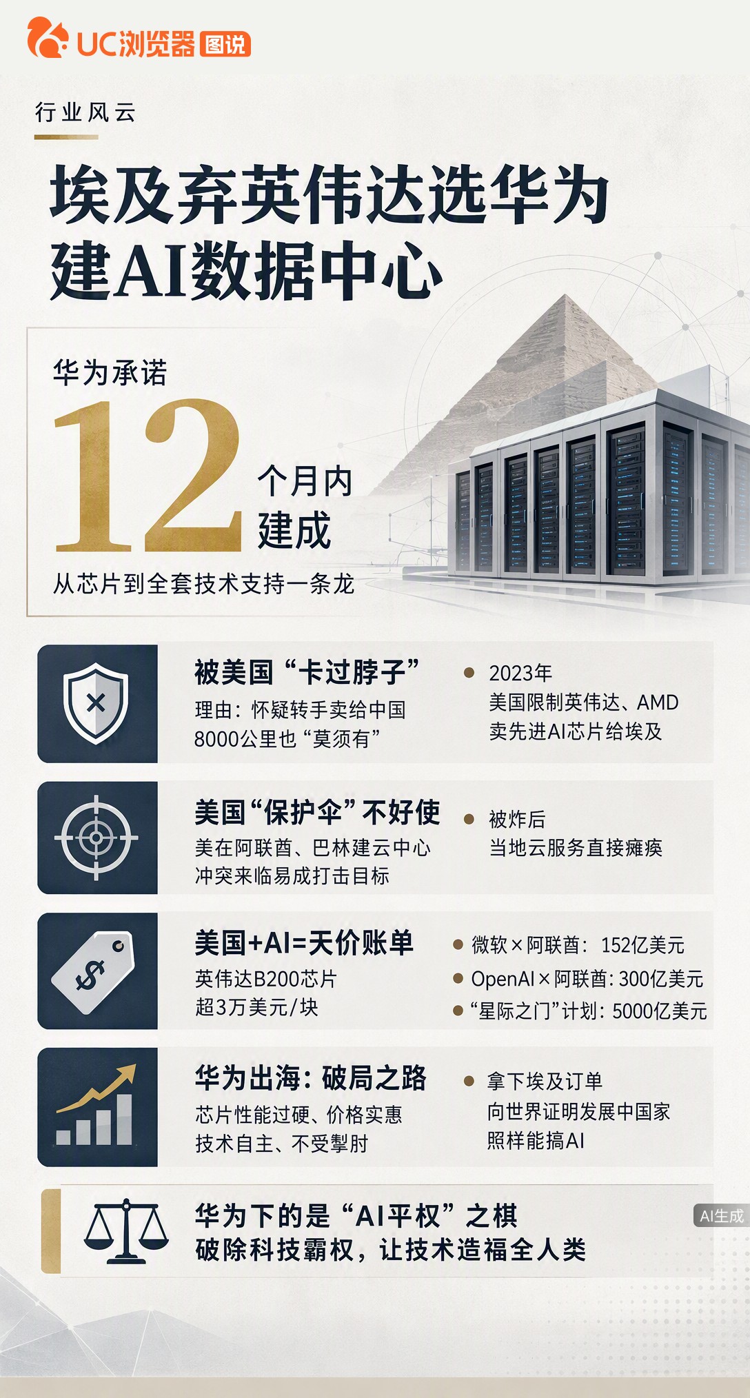 埃及把AI数据中心交给华为而非英伟达，图的是12个月建好全套设施。被美限供芯片、嫌美企天价账单后，这