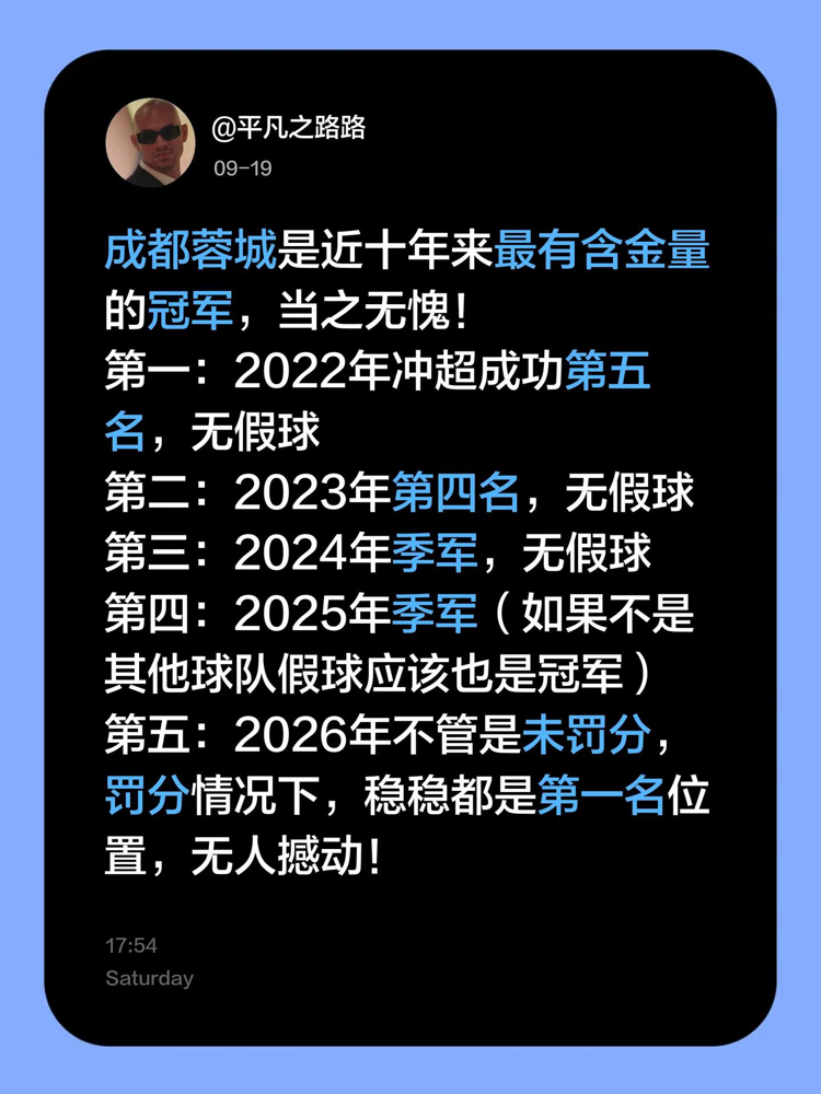 成都蓉城15胜6平，进51个球，积分榜第一，没人喊假球。这支球队2022年才冲超，没靠金元堆砌，也没
