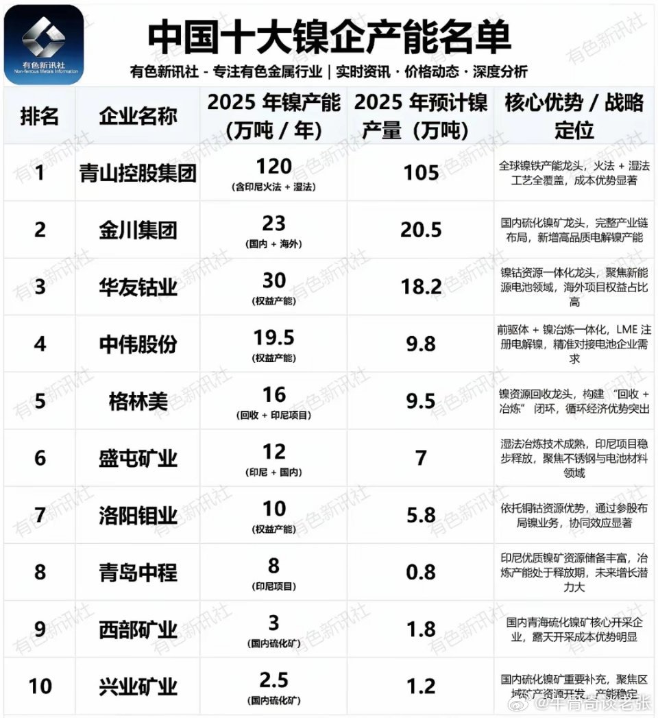 十大镍企产能与战略格局全球新能源转型浪潮下，镍作为关键电池金属的战略地位日益凸显