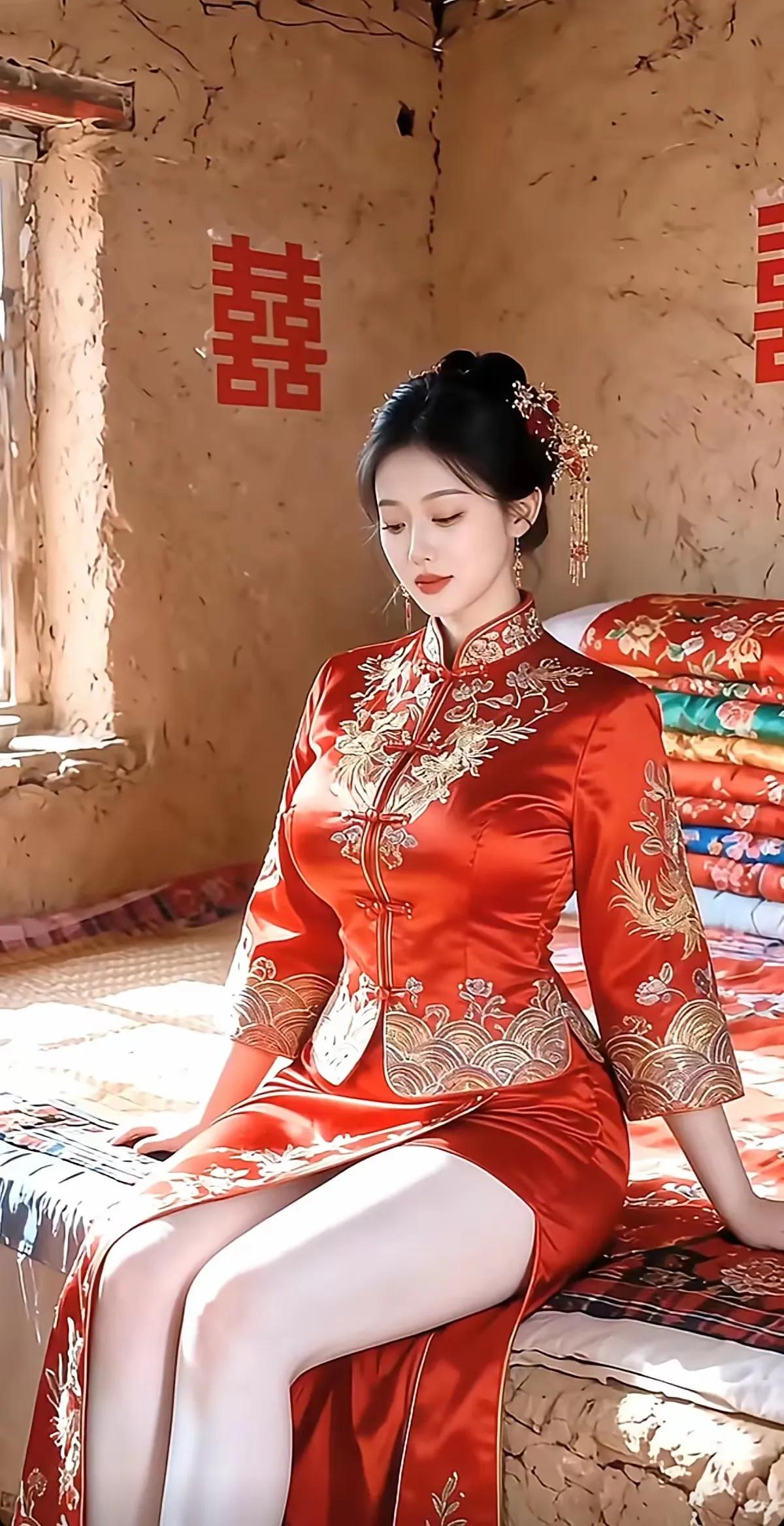 农村土炕，漂亮新娘国风国粹，永远经典千娇百媚，秀色可餐美若冠玉，艳若桃花