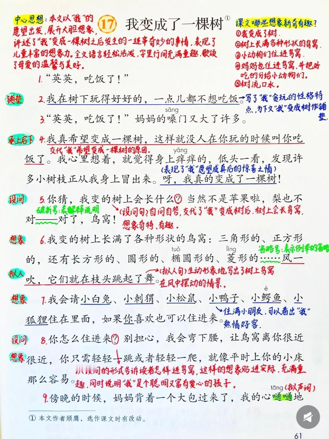 三年级下册语文，第17课《我变成了一棵树》课堂学习笔记，收藏复习三年级语文