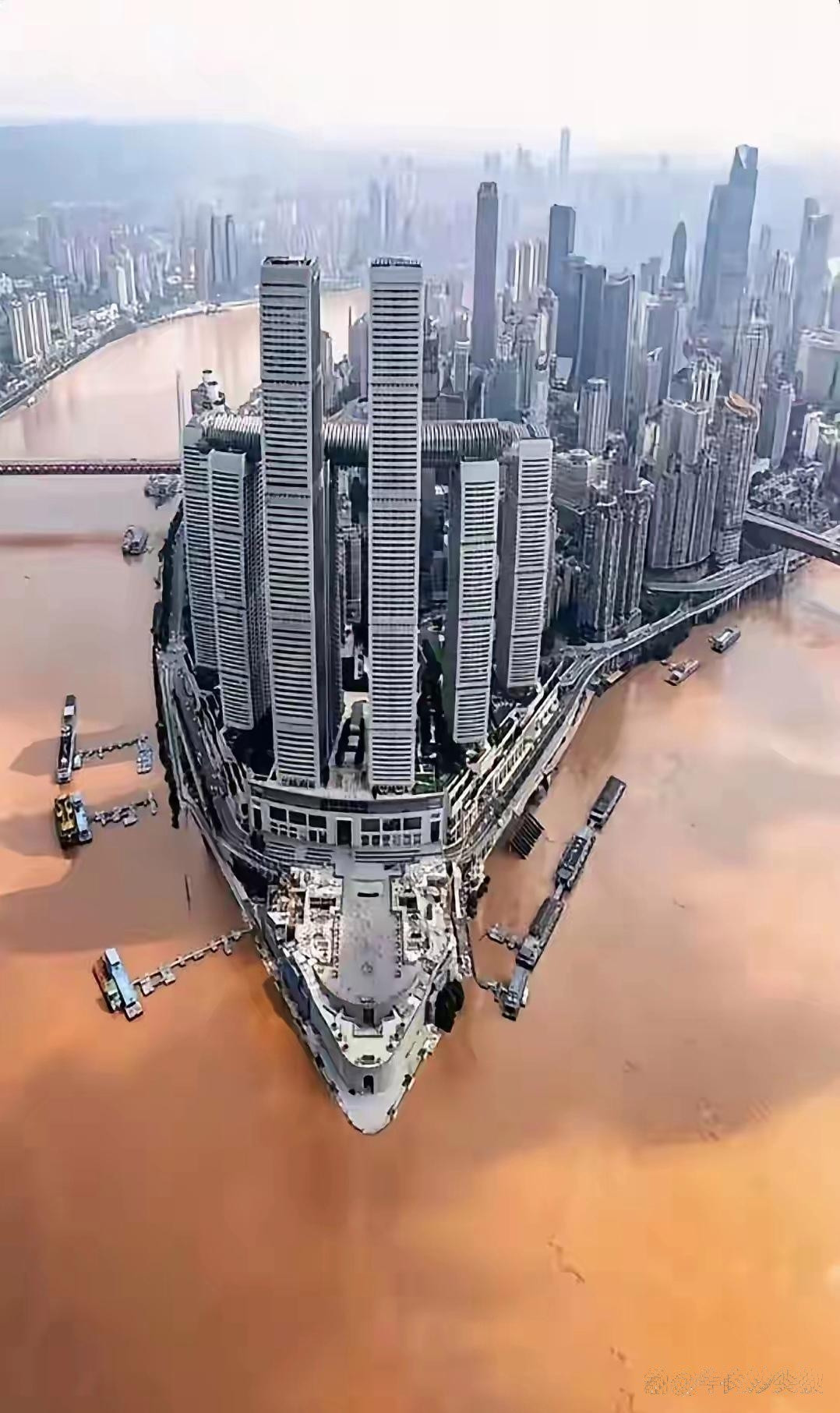 涨水的朝天门码头加上改建建筑看上去很像一条行驶船，水也不在像平常一清一浊的两江水