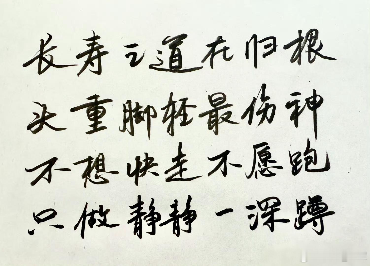 长寿之道在归根头重脚轻最伤神不想快走不想跑只做静静一深蹲这首小诗以传统养生智慧为