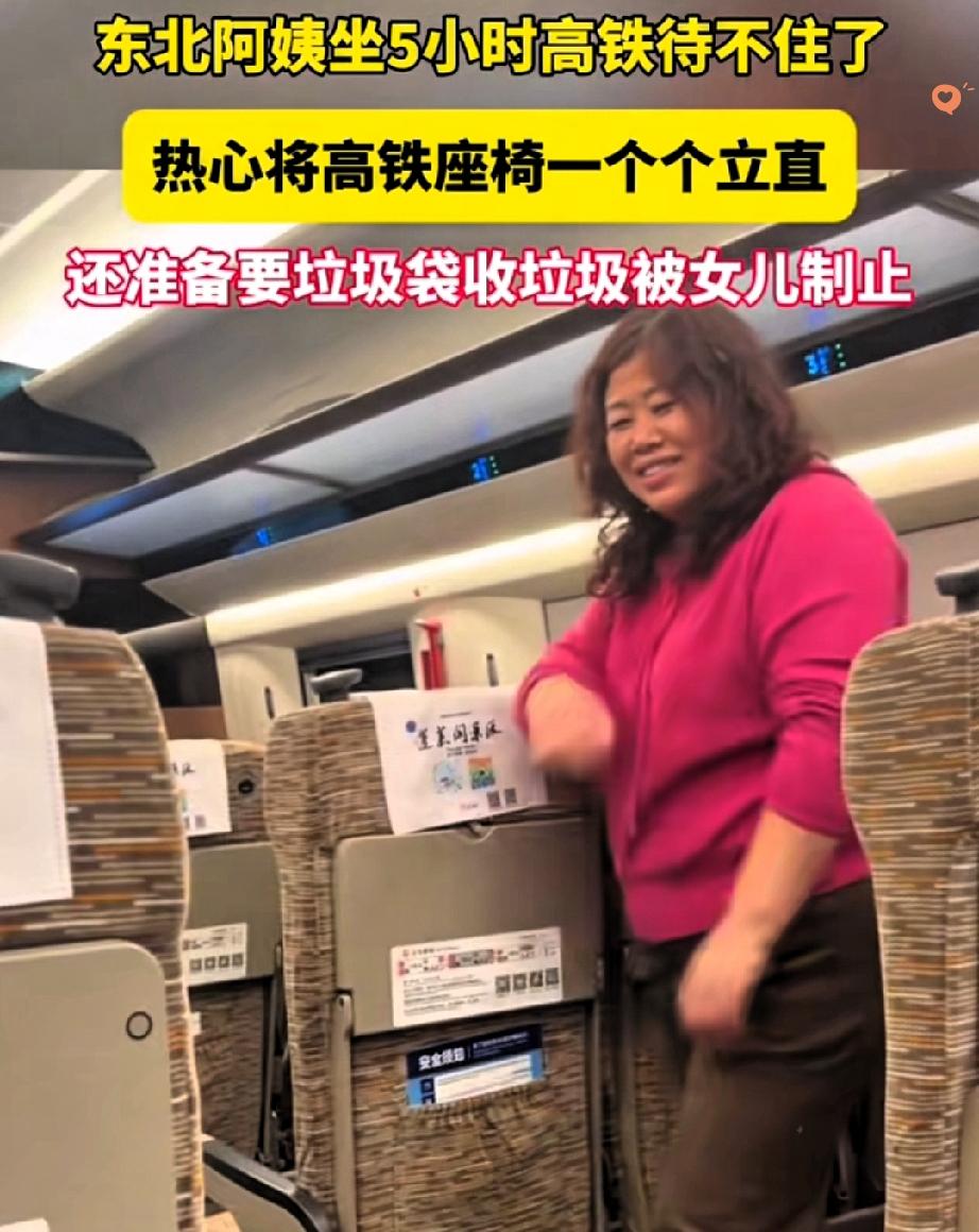 东北大姨坐高铁的操作，直接暖透全网！连续坐了五个多小时，大姨起身不是溜达活