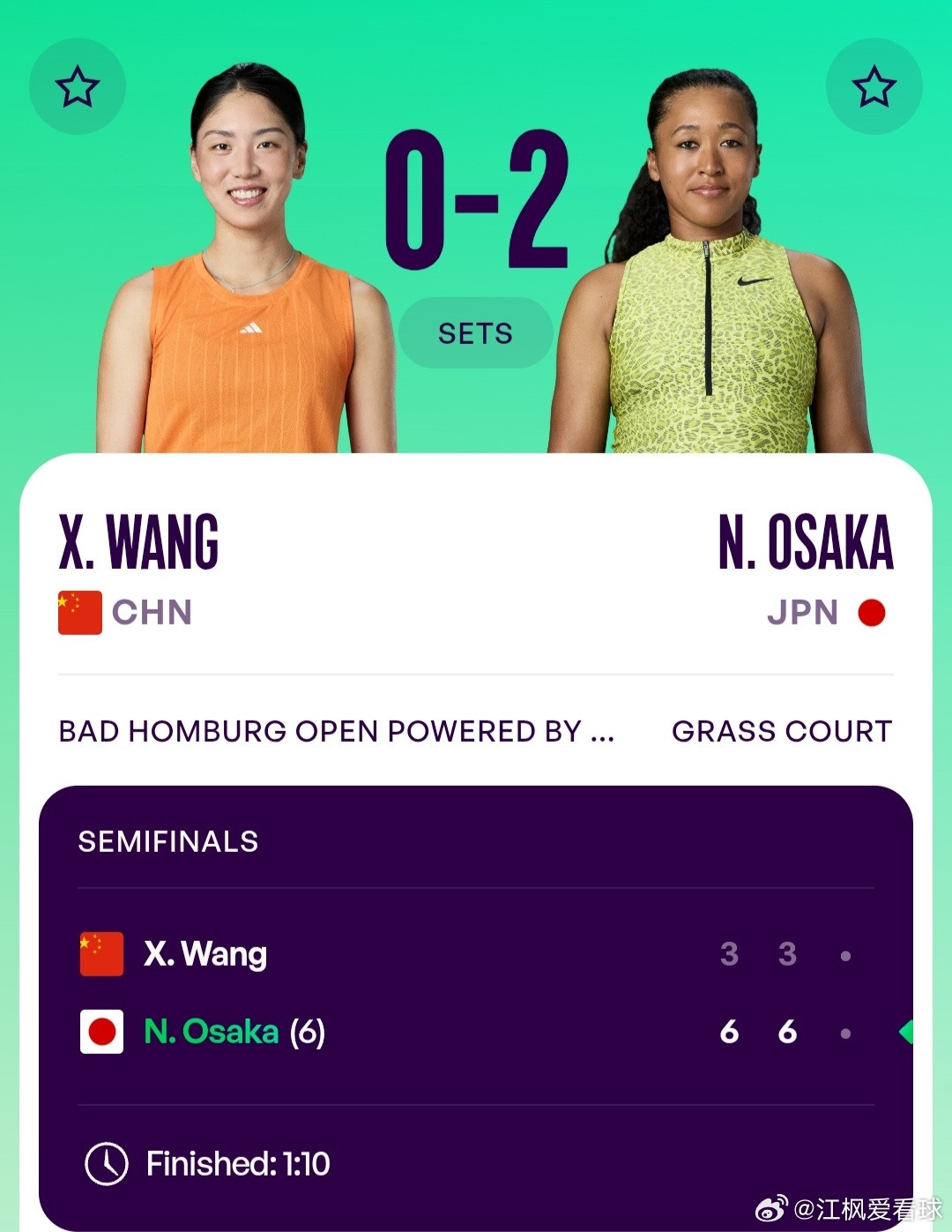 WTA500巴特洪堡站🇩🇪女单半决赛王欣瑜🇨🇳3-6/3-6不敌6号种子