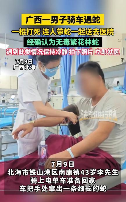 “胆子真大！”7月9日，广西北海，男子刚扫了一辆共享电车，突然，从手把处蹿出一条