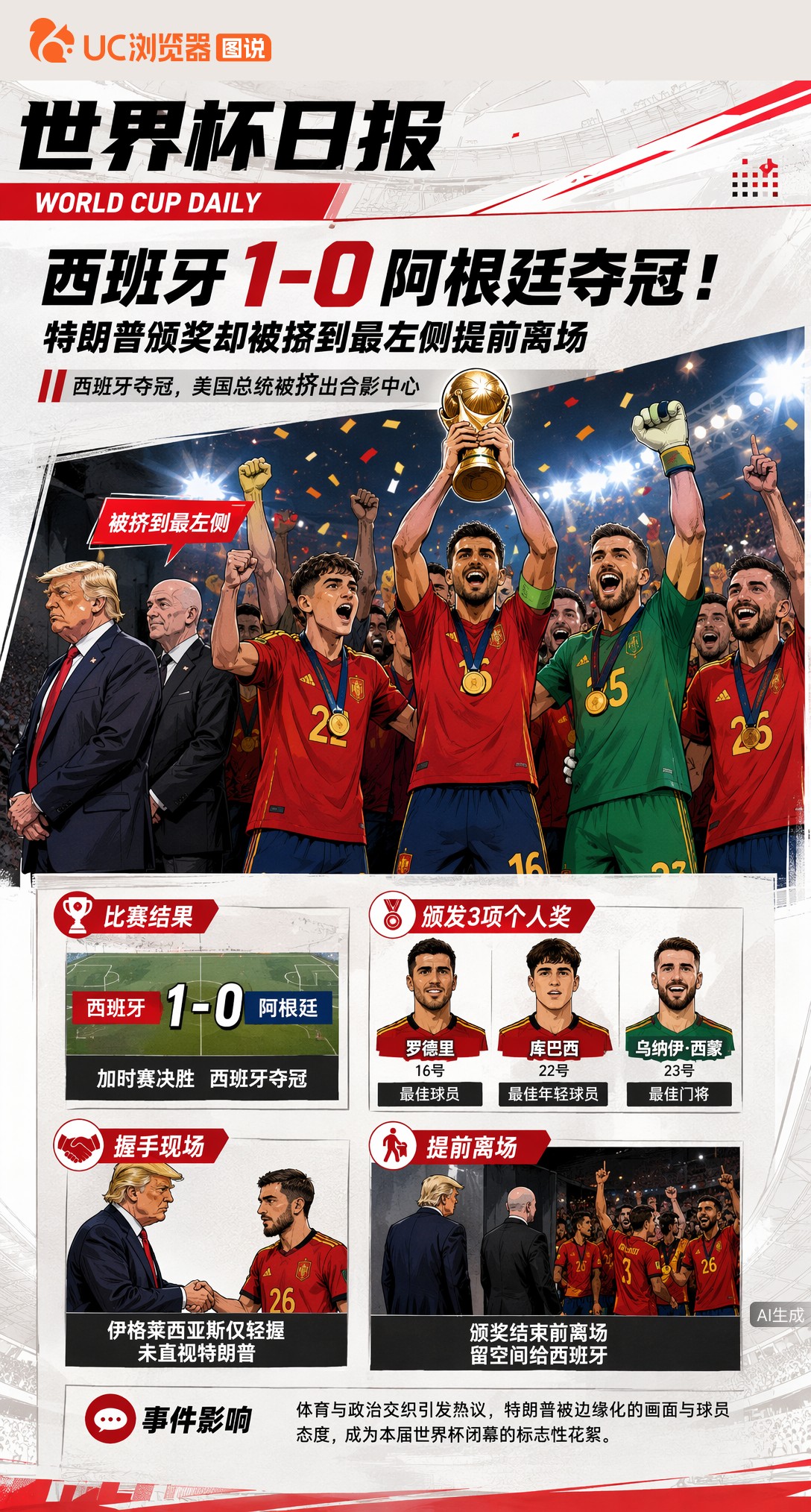 西班牙1-0阿根廷夺冠！特朗普颁奖却被挤到最左侧提前离场