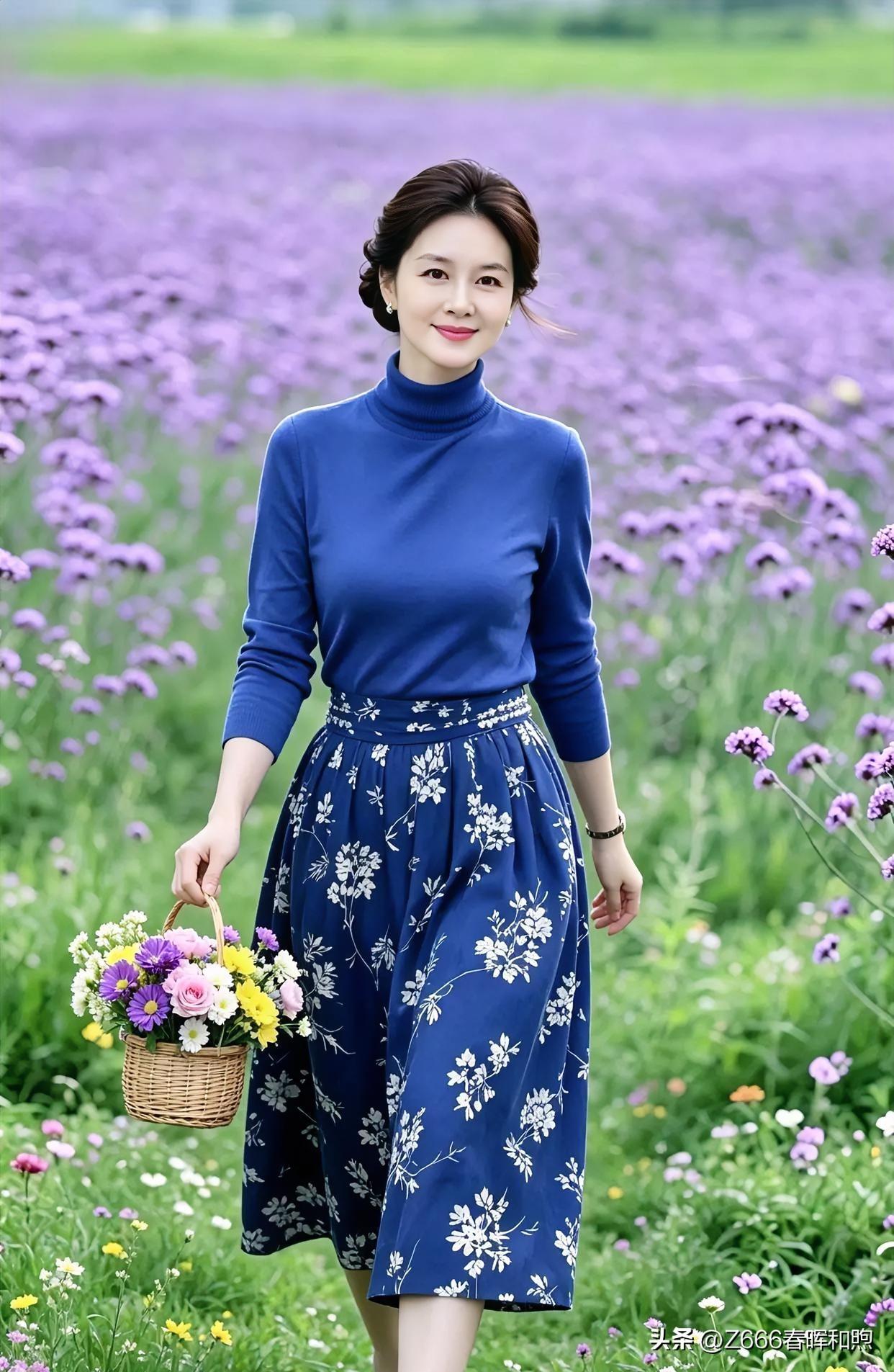 《紫野采芳》蓝裳曳地步紫烟，素手携篮笑意绵。花海漫行香染袖，清风拂面自悠