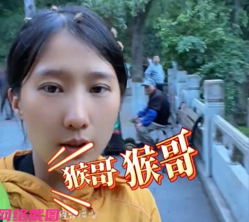 贵州有女子走到一处有猴子居地的景区游玩，还故意放了几个苍耳粘在自己的头发上，然后