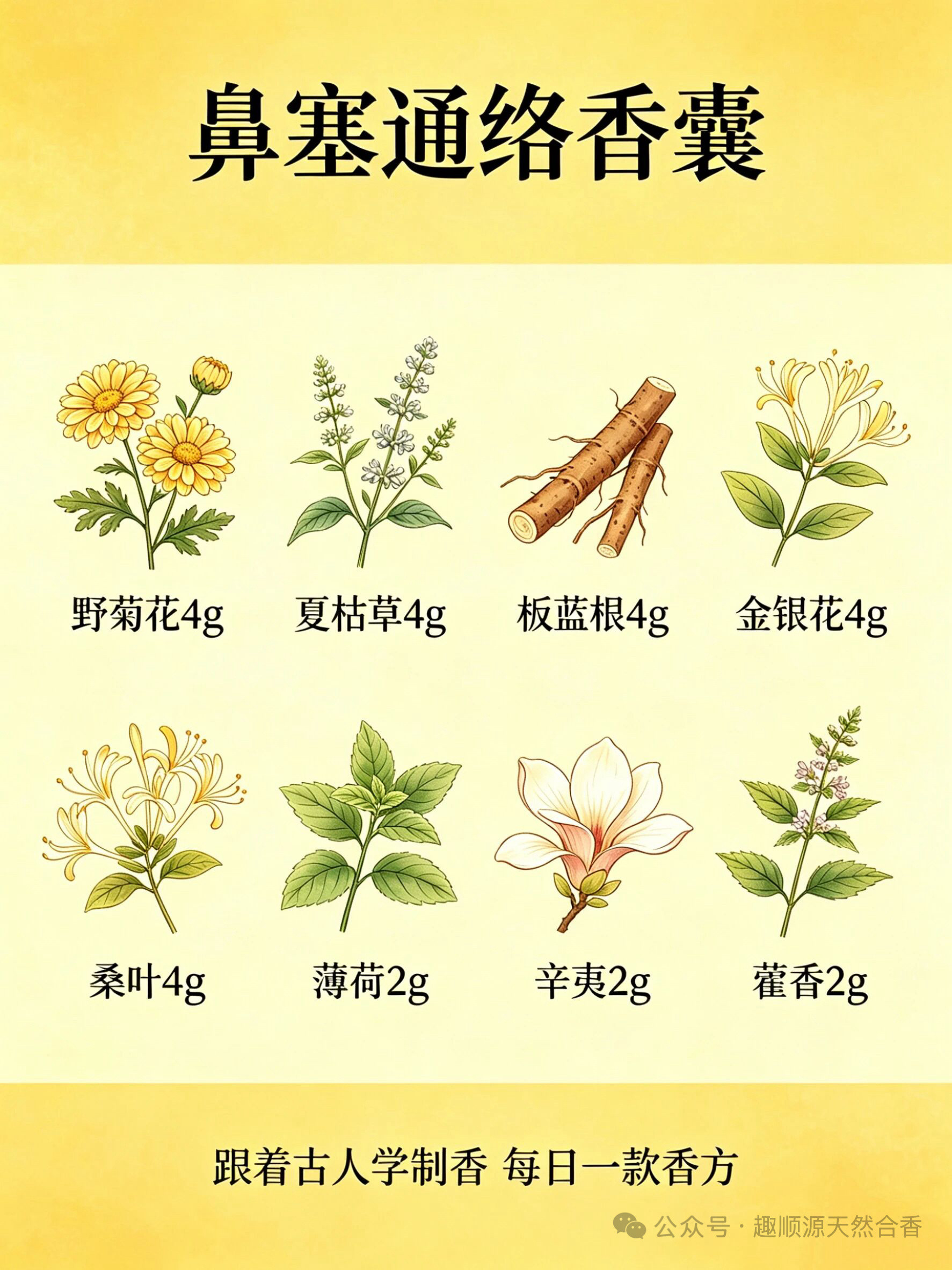 鼻塞/鼻炎通鼻香囊配方简单自制配方：野菊花4g、夏枯草4g、板蓝根4g、金银