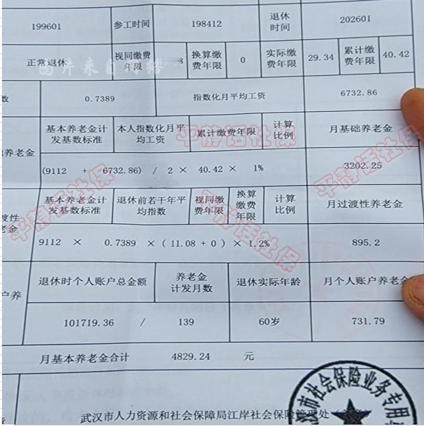 湖北省武汉市养老金！男性，2026年1月60岁退休，累计缴费40年5个月，19