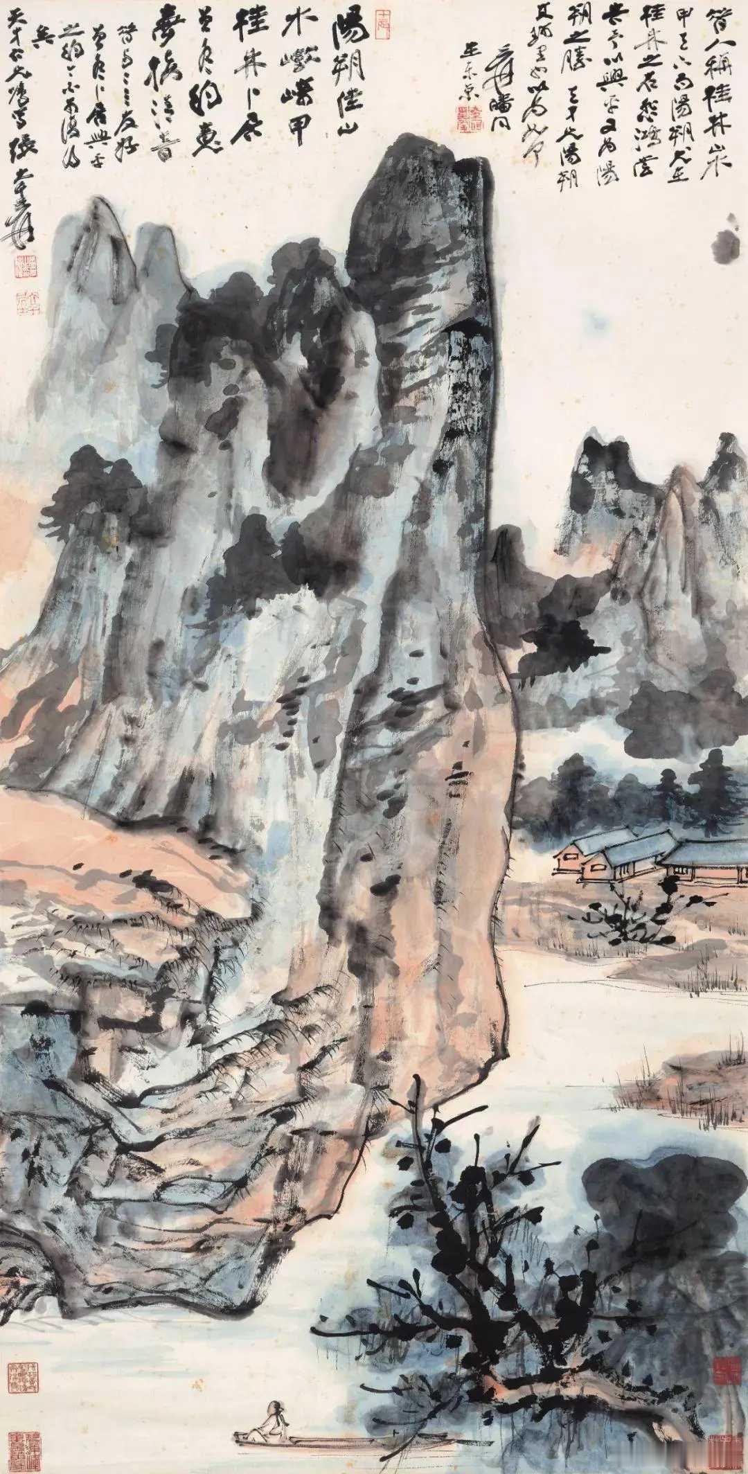 张大千《兴平揽胜》立轴设色纸本132×66cm。张大千学山水，以石涛为起步