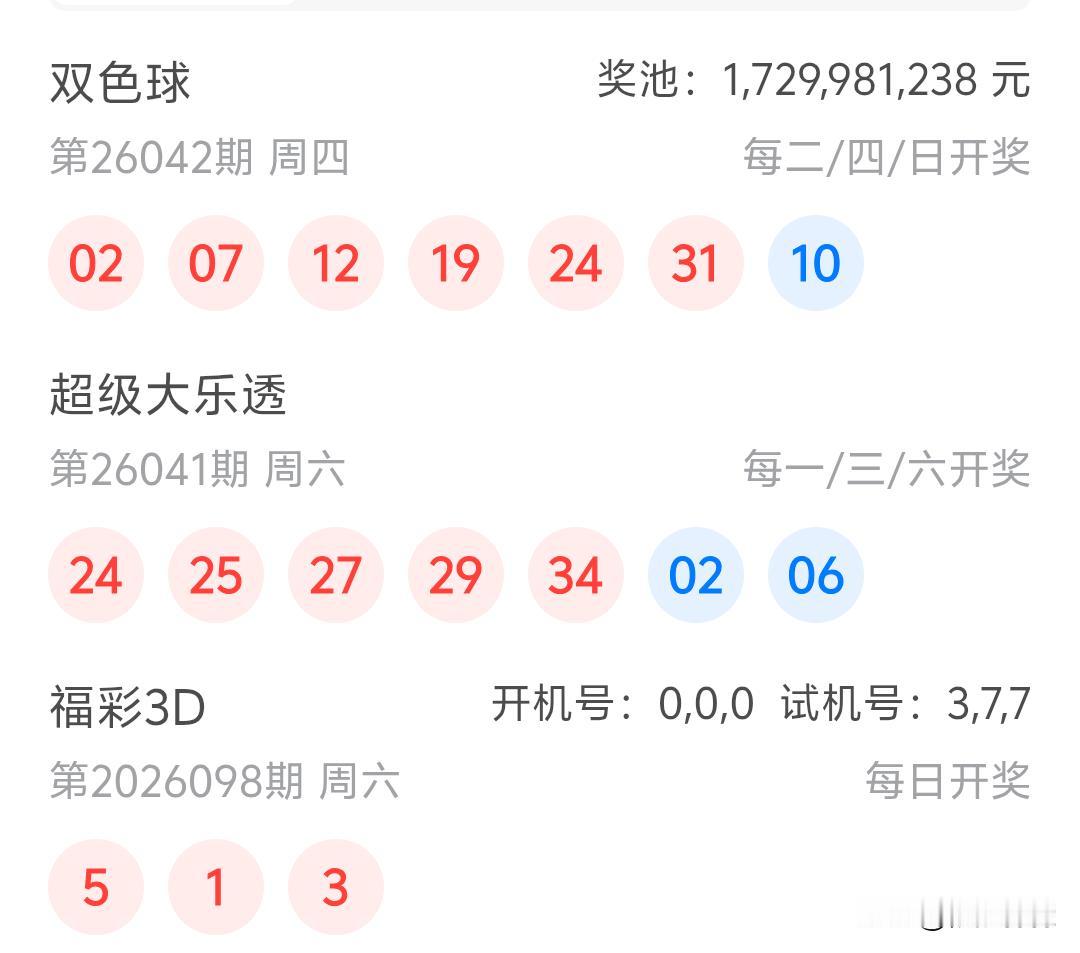 大乐透26041期开奖24、25、27、29、34十02、06果然是断一区了