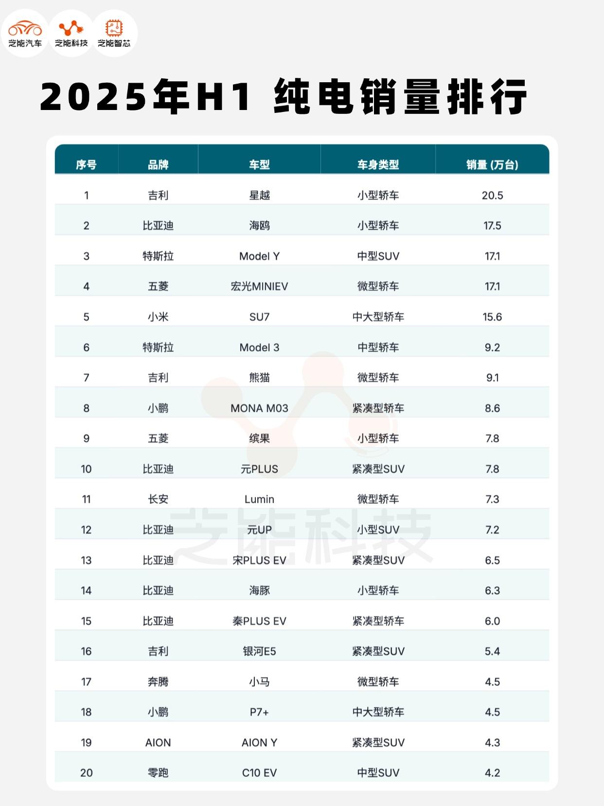 2025年上半年纯电动车销量Top20：小型微车为主力，智能化车型占比上升