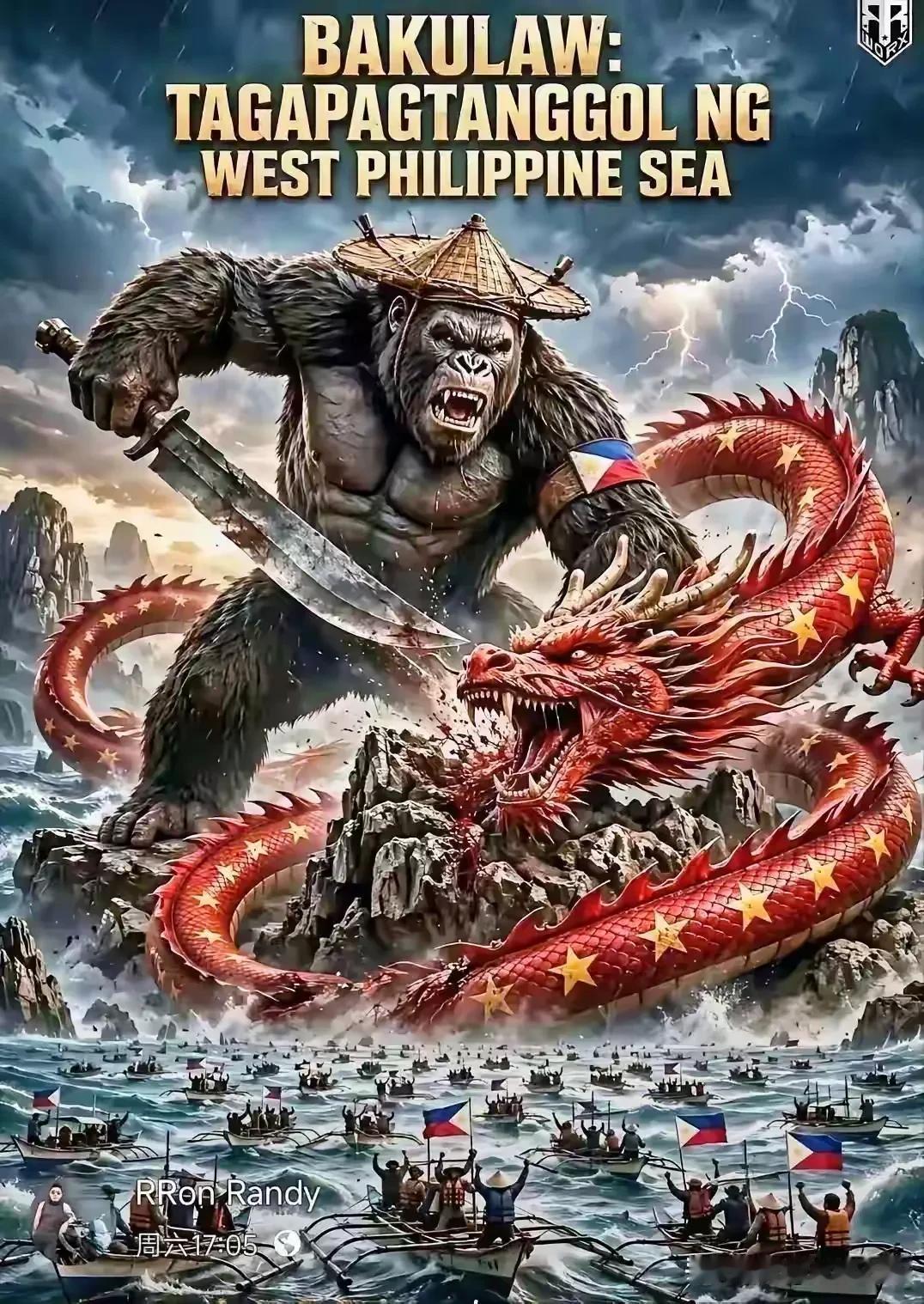 针对中国的AI动画，菲律宾方面的反击来了，在社交媒体上发布了一张金刚屠龙的AI漫