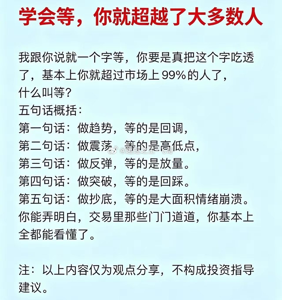 炒股核心只有一个字：等！吃透它，超越九成散户最近不少朋友跟我吐槽，炒股总忍不住频