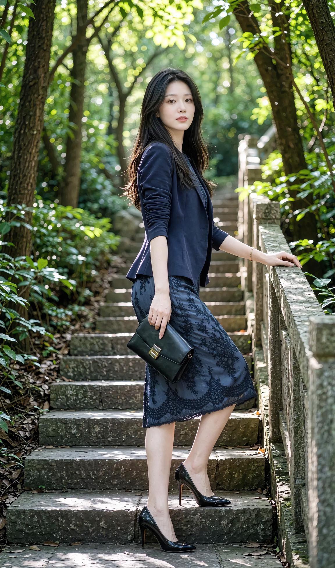 上阕石阶叠满绿意，深蓝裙角轻垂。手袋傍着静谧，高跟叩醒晨晖。下阕扶栏